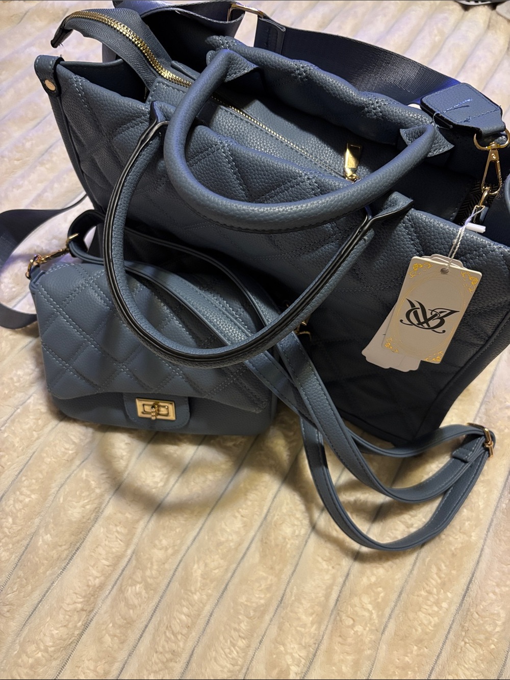 EXTRA spacious!! Quilted Slate Baby Blue Shoulder Tote with Matching Crossbody